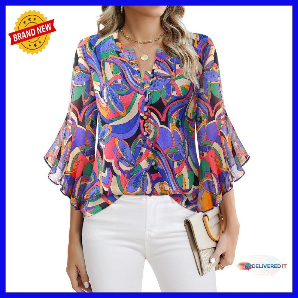 3/4 Sleeve Button Down Blouse Lightweight Chiffon Business Casual